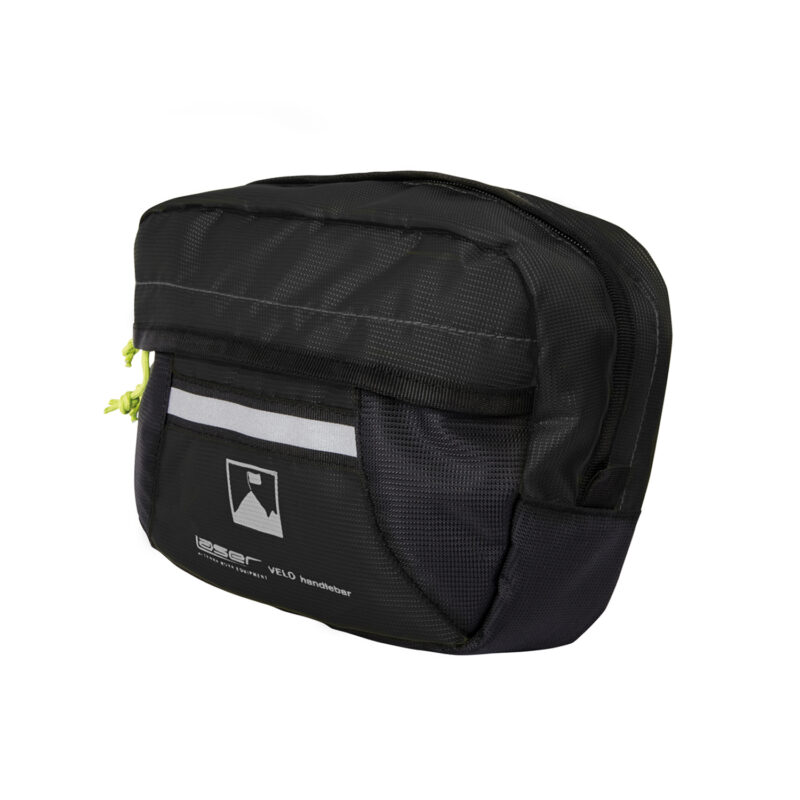 56LVHBP-Laser-Velo-Handlebar-Black-1500x1500-1-1.jpg Small black rectangular bike handlebar bag made from textured ripstop fabric with a top zipper, front reflective strip and lime-green zipper pulls, shown against a white background.