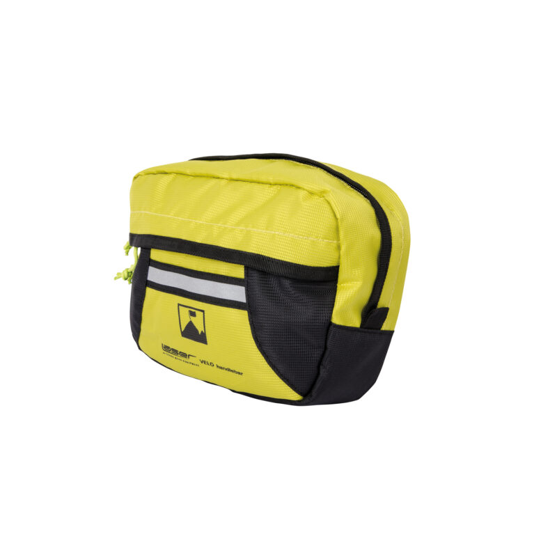 56LVHBP-Laser-Velo-Handlebar-Yellow-1500x1500-1-1.jpg Small high-visibility yellow and black rectangular bicycle handlebar bag with a zippered main compartment, front pocket featuring a reflective horizontal stripe and a small mountain-flag logo, and dual yellow cord zipper pulls.