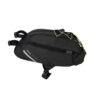 56LVSPP-Laser-Velo-Seatpost-Pack-Black-1500x1500-1-1.jpg Black triangular bicycle saddle bag with adjustable straps and buckles, neon-yellow bungee cords on top and a reflective diagonal stripe on the side