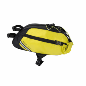 Yellow and black triangular bicycle saddle bag with black straps and buckles, elastic cord on top and a reflective stripe on the side