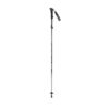 57TEP-Trail-Elite-Pole-Extended-1500x1500-1-3.jpg Telescopic black and silver hiking pole with an ergonomic foam handle, wrist strap with printed text, adjustable locking collar, small removable basket and rubber tip, shown upright on a white background.