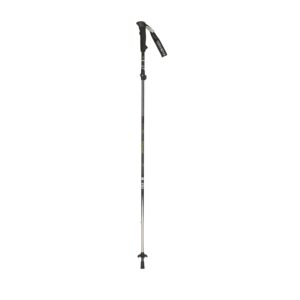 Telescopic black and silver hiking pole with an ergonomic foam handle, wrist strap with printed text, adjustable locking collar, small removable basket and rubber tip, shown upright on a white background.