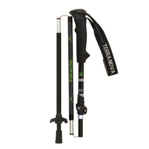 Collapsible black and green trekking pole shown in three sections with an ergonomic foam handle, wrist strap labelled TERRANOVA, adjustable locking clamp, small snow basket and rubber tip.