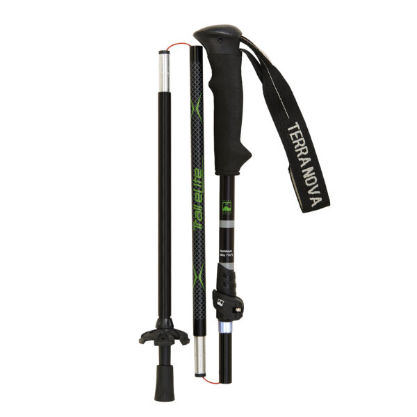 57TEP-Trail-Elite-Pole-closed-1500x1500-Update_2022-3.jpg Collapsible black and green trekking pole shown in three sections with an ergonomic foam handle, wrist strap labelled TERRANOVA, adjustable locking clamp, small snow basket and rubber tip.