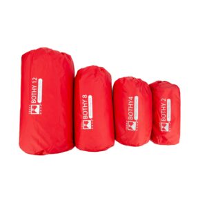 All-Bothys-scaled-4.jpg Four red cylindrical stuff sacks on a white background, arranged largest to smallest left to right and labeled Bothy 12, Bothy 8, Bothy 4 and Bothy 2.