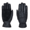 Aspect-Glove-1.png Two black leather gloves laid flat side-by-side on a white background — left glove palm-up with a suede palm panel, right glove back-up showing horizontal padded stitching and an elasticated wrist.