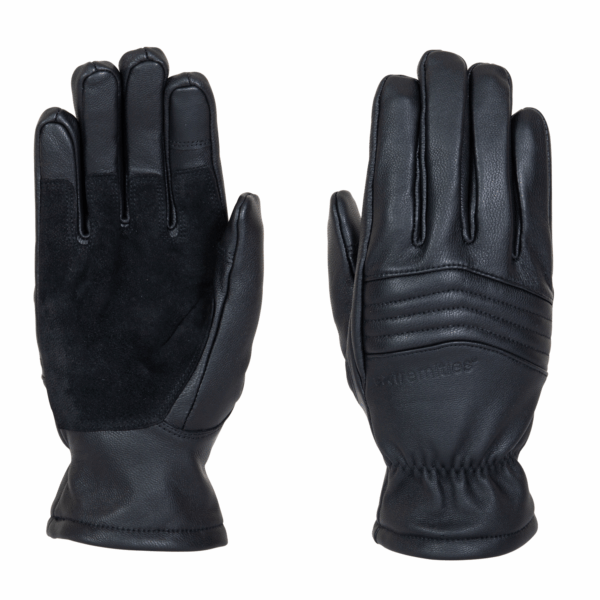 Aspect-Glove-1.png Two black leather gloves laid flat side-by-side on a white background — left glove palm-up with a suede palm panel, right glove back-up showing horizontal padded stitching and an elasticated wrist.