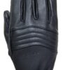 Aspect-back-close-scaled-2.jpg Close-up of a black leather glove top with padded horizontal ribbed stitching across the knuckles and faint embossed branding, shown on a white background.