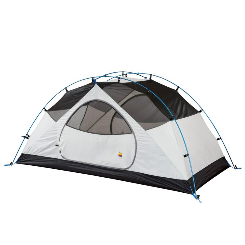 Axis-2-Inner_1500px_72dpi-3.jpg Two-person dome camping tent with white lower panels and black upper mesh, supported by crossed blue poles and featuring a large D-shaped zip door and mesh roof panels, shown on a white background.