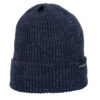 Bakewell-Beanie-Denim-Cut-Out-300dpi-1.jpg Navy ribbed knit beanie with a folded cuff and visible woolly texture, featuring a small black rectangular brand tag on the side.