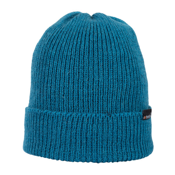 Bakewell-Beanie-Kingfisher-Cut-Out-300dpi-1.jpg Teal ribbed knit beanie with a folded cuff and a small black brand tag on the side, photographed against a plain white background.