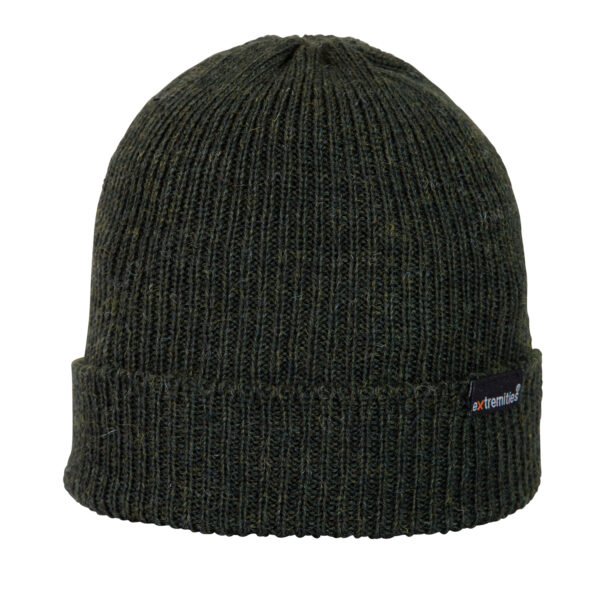 Bakewell-Beanie-Loden-Cut-Out-300dpi-1.jpg Dark green ribbed knit beanie with a folded cuff and a small black 'extremities' label, shown against a white background.
