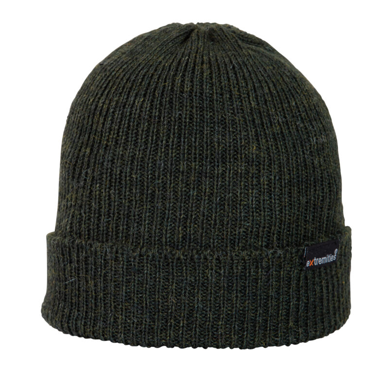 Dark green ribbed knit beanie with a folded cuff and a small black 'extremities' label, shown against a white background.