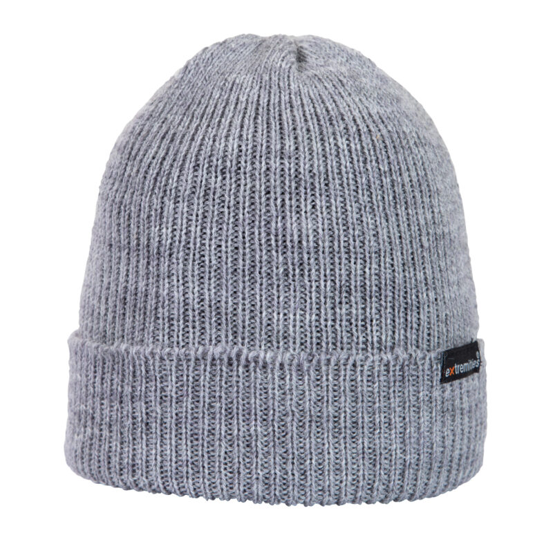 Light grey ribbed knit beanie with a folded cuff and a small black brand tag on the side