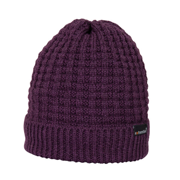 Bamfor-Beanie-Foxglove-Cut-Out-300dpi-1.jpg Plum-purple knitted beanie with a waffle stitch texture, ribbed folded cuff and a small black brand tag on the side, shown on a white background.