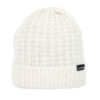 Bamford-Beanie-Arran-Cut-Out-300dpi-1.jpg Cream-coloured knitted beanie with a folded ribbed cuff and textured vertical stitch pattern, featuring a small black rectangular brand tag on the cuff.