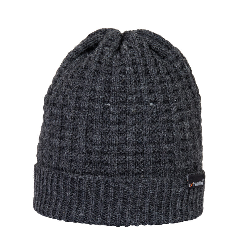 Bamford-Beanie-Charcoal-Cut-Out-300dpi-1.jpg Charcoal-grey ribbed knit beanie with a folded cuff and a small black 'extremities' label on the hem.