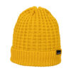 Bamford-Beanie-Yellow-Cut-Out-300dpi-1.jpg Bright mustard-yellow knitted beanie with a folded ribbed cuff and textured vertical stitch pattern, featuring a small black rectangular brand label on the lower right.