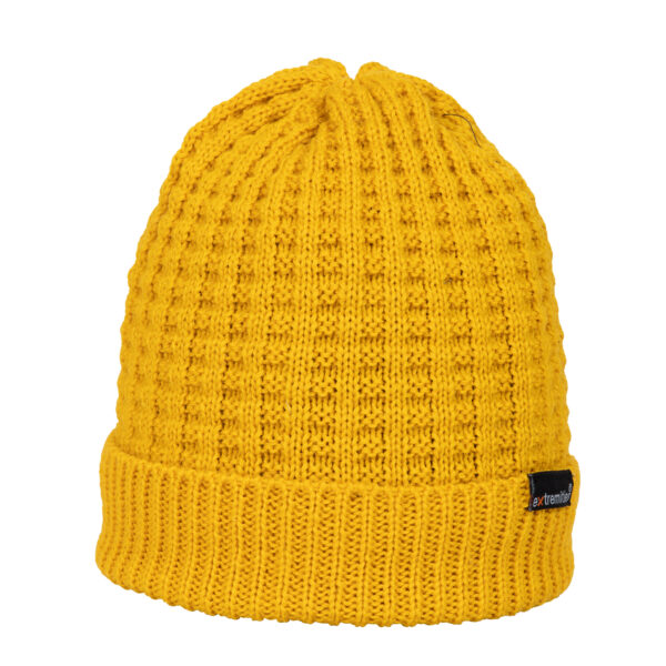 Bamford-Beanie-Yellow-Cut-Out-300dpi-1.jpg Bright mustard-yellow knitted beanie with a folded ribbed cuff and textured vertical stitch pattern, featuring a small black rectangular brand label on the lower right.