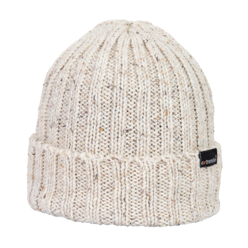 Baslow-Beanie-Ballybofey-Cut-Out-300dpi-1.jpg Cream-speckled ribbed knitted beanie with a folded cuff and a small black brand tag on the side.