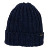 Baslow-Beanie-Culdaff-Cut-Out-300dpi-1.jpg Navy blue ribbed knit beanie with a folded cuff, subtle lighter-blue flecks and a small black brand tag on the side.