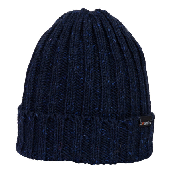 Baslow-Beanie-Culdaff-Cut-Out-300dpi-1.jpg Navy blue ribbed knit beanie with a folded cuff, subtle lighter-blue flecks and a small black brand tag on the side.