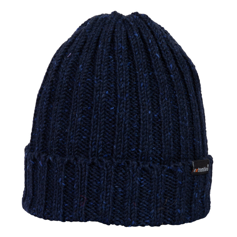 Baslow-Beanie-Culdaff-Cut-Out-300dpi-1.jpg Navy blue ribbed knit beanie with a folded cuff, subtle lighter-blue flecks and a small black brand tag on the side.