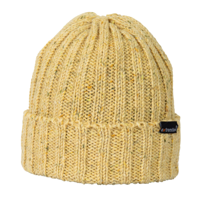 Baslow-Beanie-Enderny-Cut-Out-300dpi-2.jpg Yellow flecked ribbed knit beanie with a folded cuff and a small black Extremities cloth tag on the side.