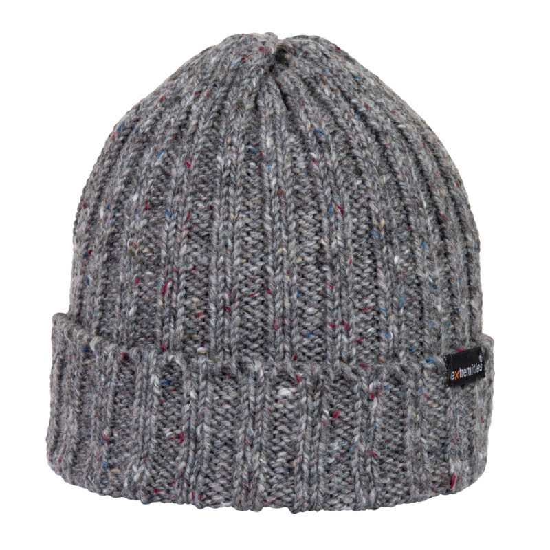 Baslow-Beanie-Maghery-Cut-Out-300dpi-1.jpg Grey ribbed knit beanie with a folded cuff, multicoloured flecks woven through the yarn and a small black brand label on the cuff.