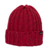 Baslow-Beanie-Raphoe-Cut-out-300dpi-1.jpg Deep red ribbed knit beanie with a folded cuff, multicoloured flecks in the yarn and a small black brand tag on the cuff