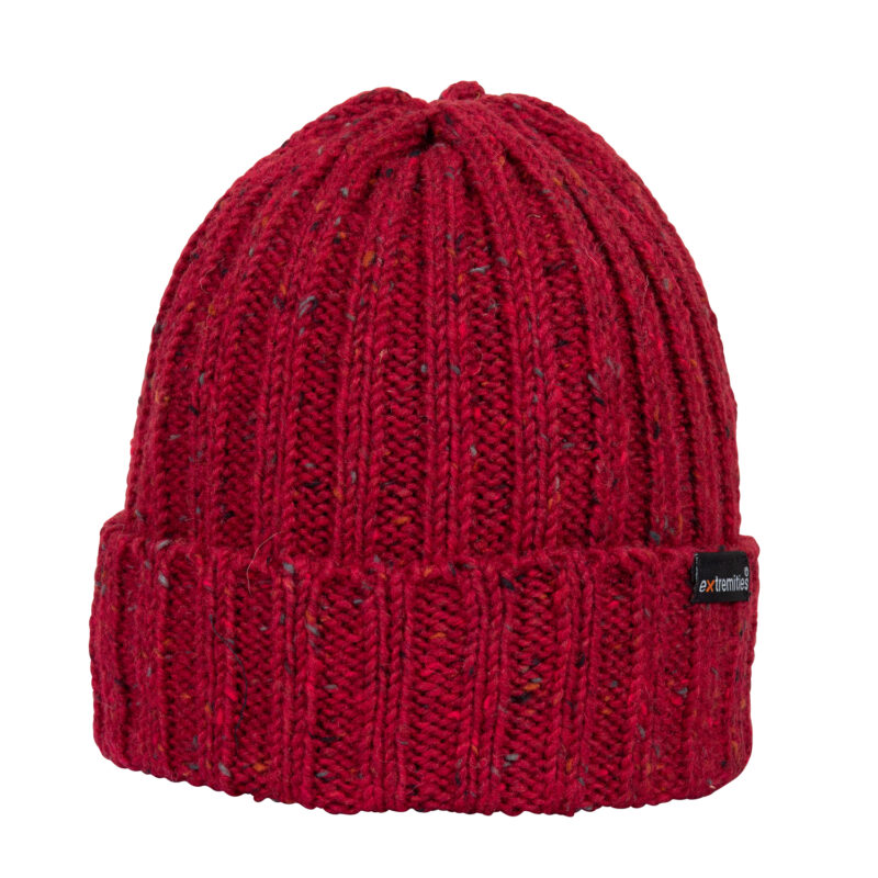 Baslow-Beanie-Raphoe-Cut-out-300dpi-1.jpg Deep red ribbed knit beanie with a folded cuff, multicoloured flecks in the yarn and a small black brand tag on the cuff