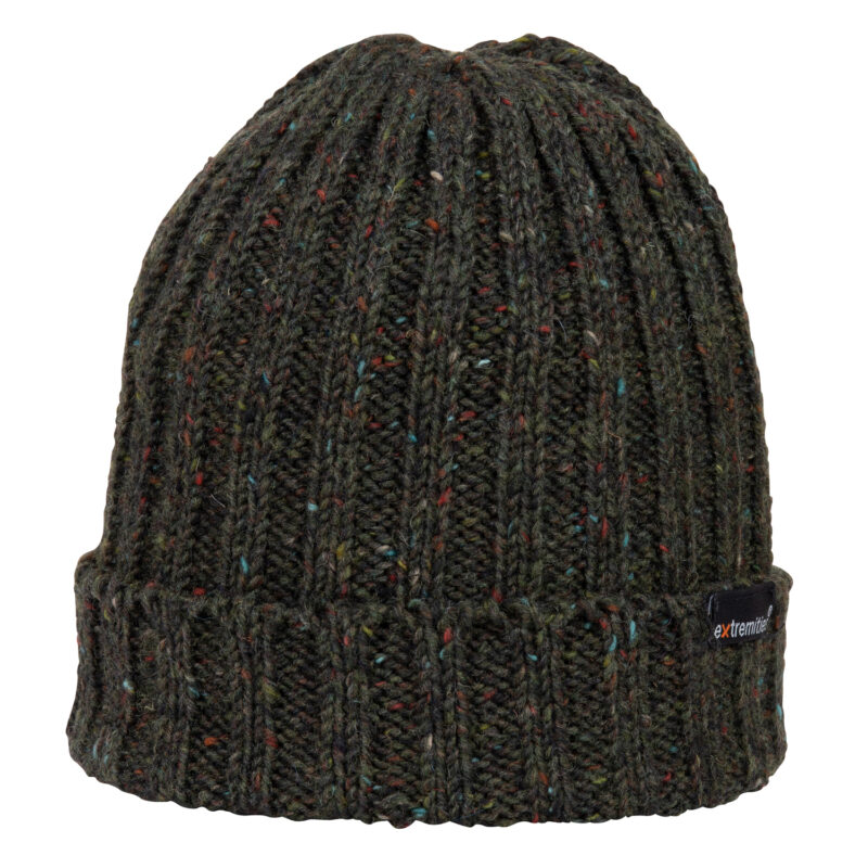 Baslow-Beanie-Termon-Cut-Out-300dpi-1.jpg Dark olive-green ribbed wool beanie with multicoloured flecks, folded cuff and a small black rectangular brand tag on the side.