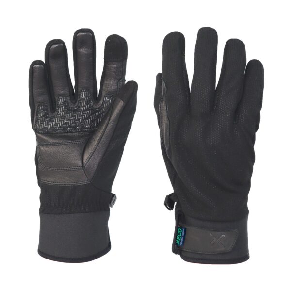 Pair of black gloves laid flat, one showing a reinforced leather palm with textured zigzag grip and the other showing the stretch fabric back, long cuffs and small brand tag.