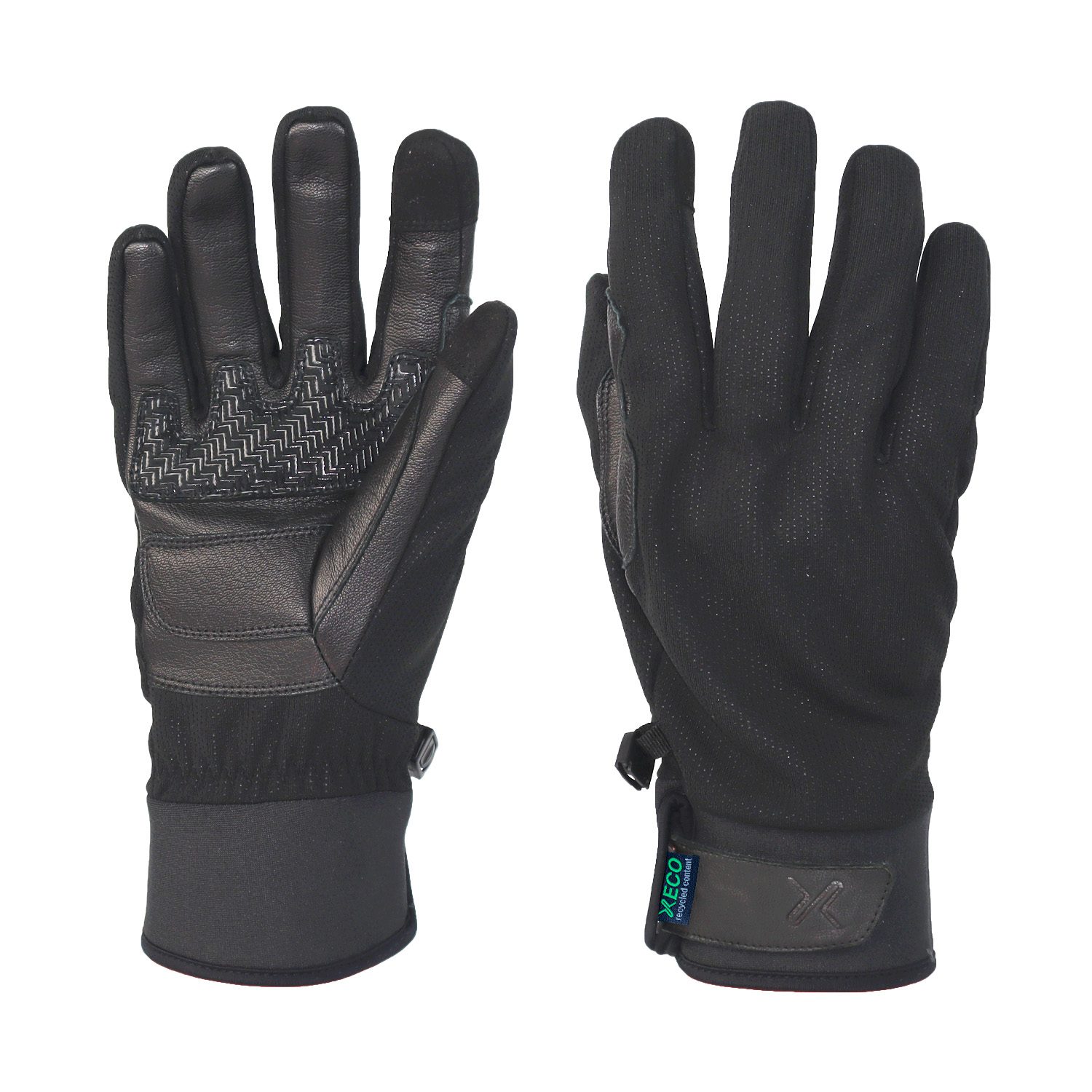 Belay-Glove-X-ECO-3.jpg Pair of black gloves laid flat, one showing a reinforced leather palm with textured zigzag grip and the other showing the stretch fabric back, long cuffs and small brand tag.