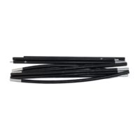 Segmented black tent poles with silver metal ferrules and connectors laid in a loose bundled stack on a plain white background.