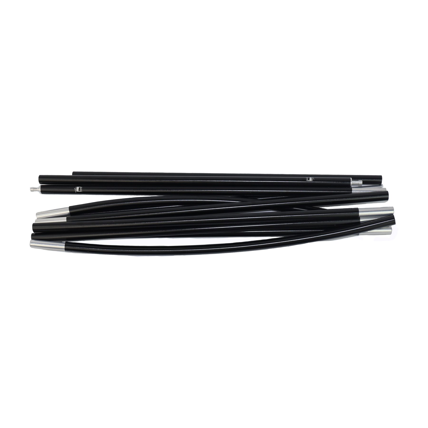 Segmented black tent poles with silver metal ferrules and connectors laid in a loose bundled stack on a plain white background.