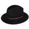 Black felt fedora with a wide brim and centre-dent crown, accented by a thin brown leather band with a small metal buckle