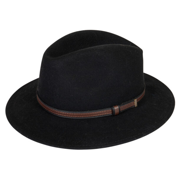Black felt fedora with a wide brim and centre-dent crown, accented by a thin brown leather band with a small metal buckle