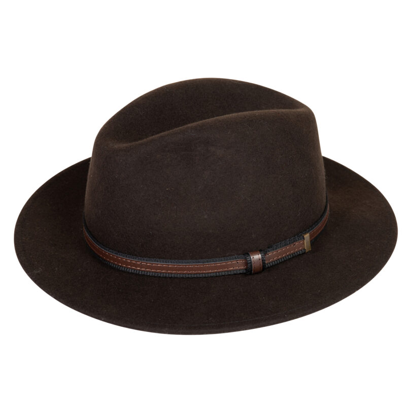 Dark brown felt fedora with a center-dented crown, wide brim and a brown leather-trimmed braided hatband with a small brass buckle, shown on a white background.