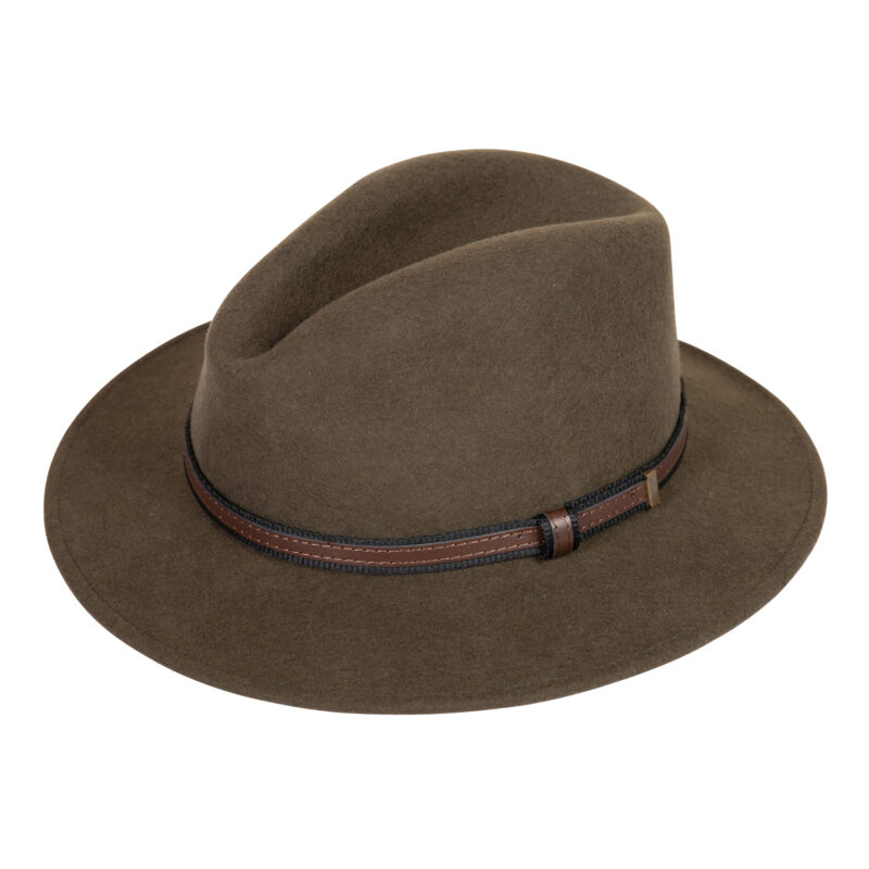 Brown felt fedora with a pinched front crown and medium brim, accented by a narrow brown leather and black braided band with a small brass buckle.