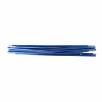 Several slender blue anodised metal pole sections with silver ferrules arranged in a horizontal bundle on a white background