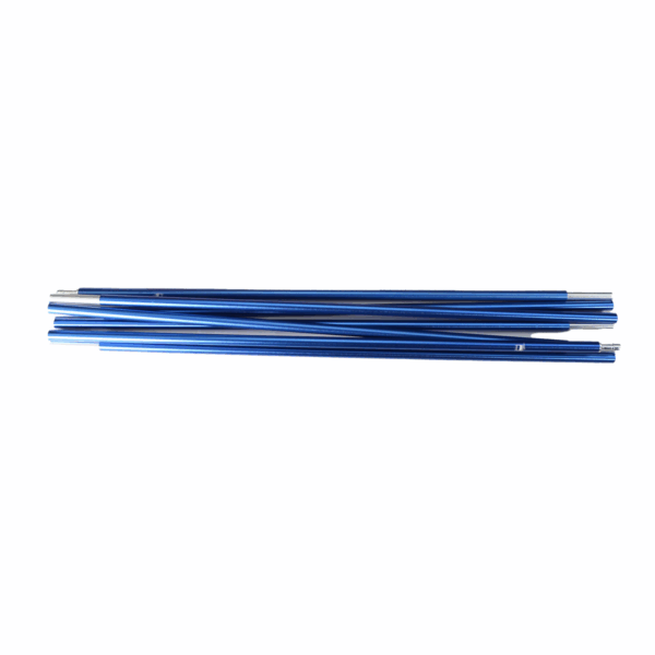 Several slender blue anodised metal pole sections with silver ferrules arranged in a horizontal bundle on a white background