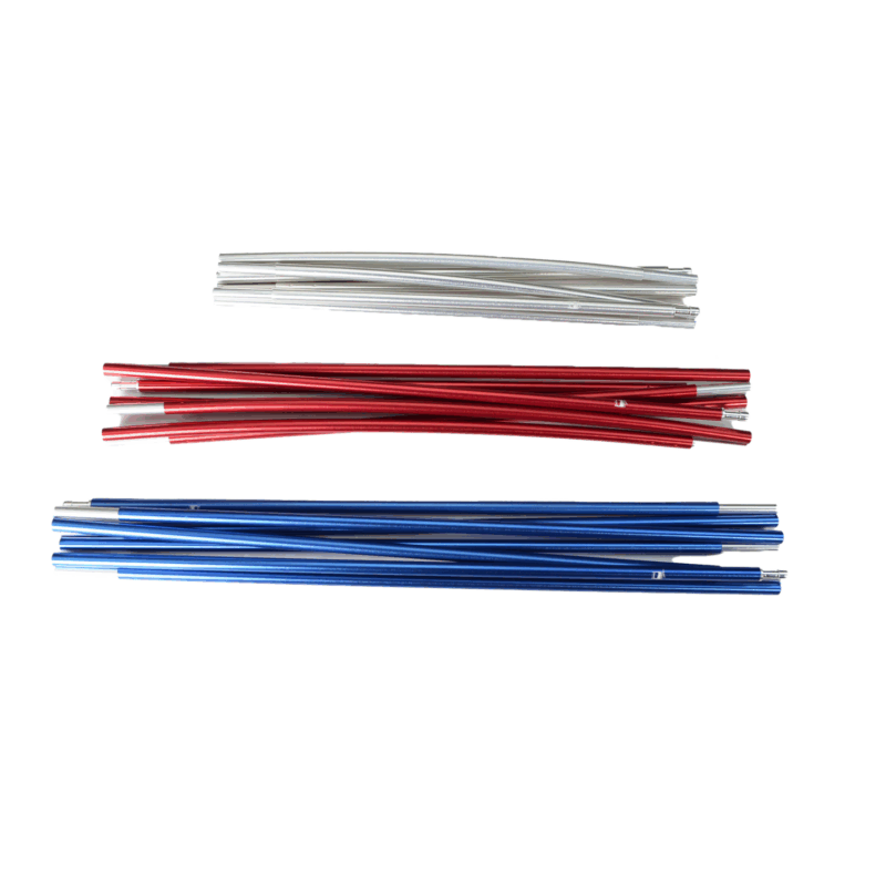 Blizzard-2-pole-set-3.png Three horizontal bundles of metal tent poles on a white background — short silver poles at the top, medium red poles in the middle and longer blue poles at the bottom, each showing metal end connectors.