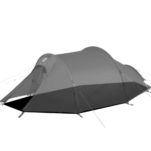 Low-profile tunnel-style camping tent with a small open front vestibule and black sewn-in groundsheet, supported by curved poles and multiple taut guy lines staked out to the sides.