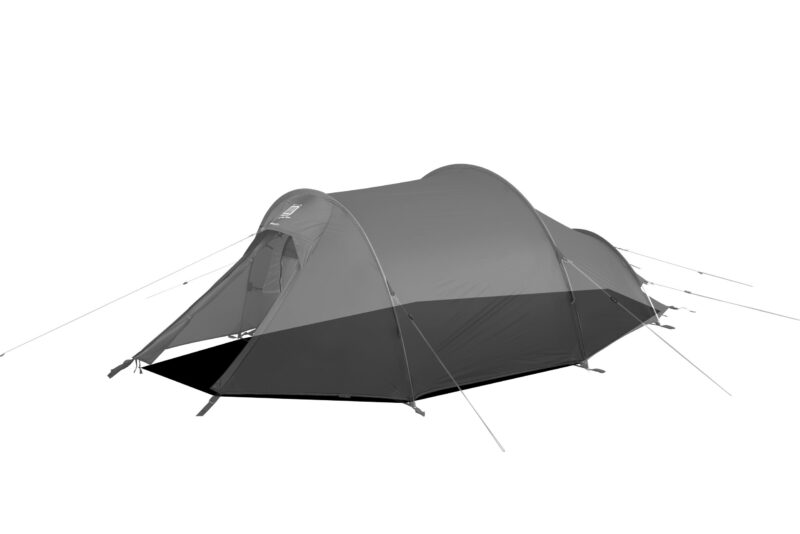 Low-profile tunnel-style camping tent with a small open front vestibule and black sewn-in groundsheet, supported by curved poles and multiple taut guy lines staked out to the sides.