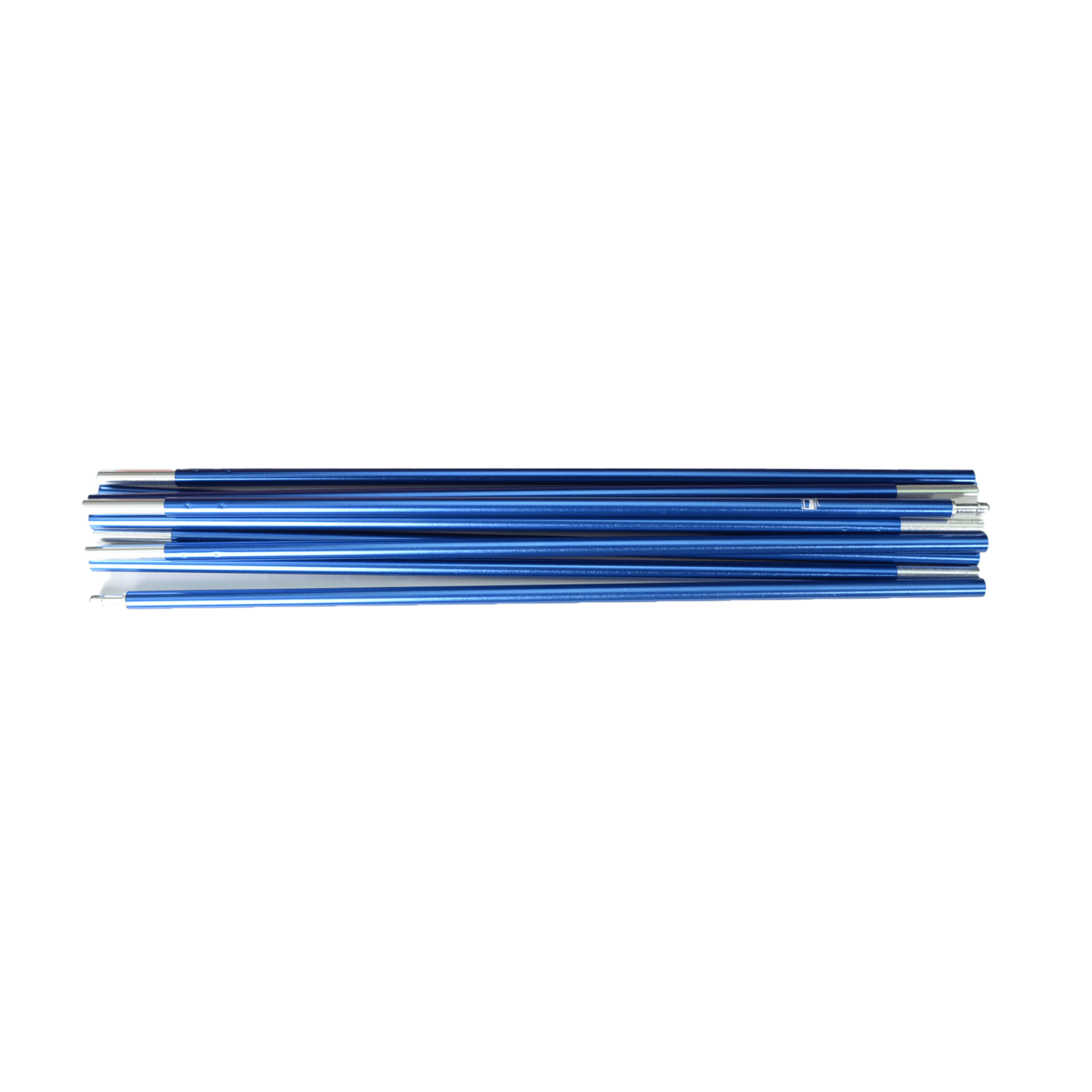 Blizzard-3-Blue-Pole-3.png A set of blue aluminium collapsible tent poles with silver connector tips arranged horizontally on a white background.