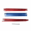 Blizzard-3-Pole-Set-3.png Several aluminium tent pole segments — two stacks of red rods and one stack of blue rods — arranged horizontally on a white background with a single short silver segment below.