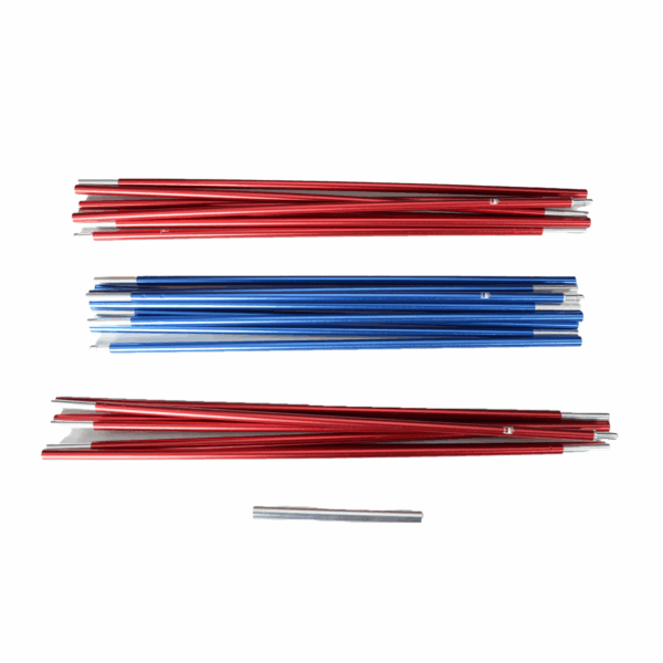 Blizzard-3-Pole-Set-3.png Several aluminium tent pole segments — two stacks of red rods and one stack of blue rods — arranged horizontally on a white background with a single short silver segment below.