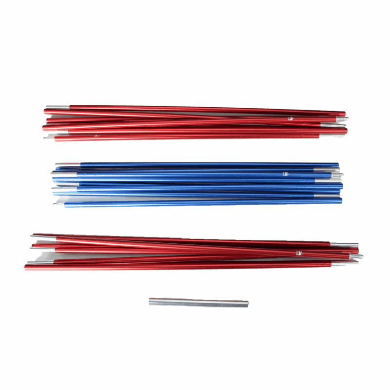 Blizzard-3-Pole-Set-3.png Several aluminium tent pole segments — two stacks of red rods and one stack of blue rods — arranged horizontally on a white background with a single short silver segment below.