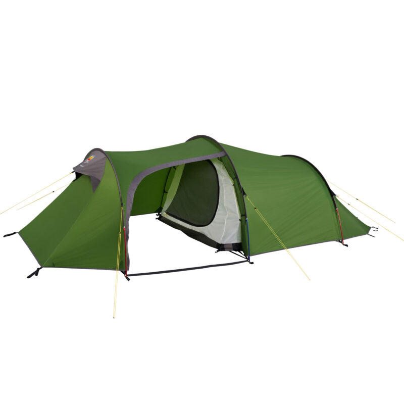 Blizzard-3-SS22-Fly-door-open_1500px_72dpi-3.jpg Green tunnel-style camping tent with an extended vestibule and open front showing a white mesh inner sleeping compartment, grey trim, yellow guy lines and black support poles on a plain white background